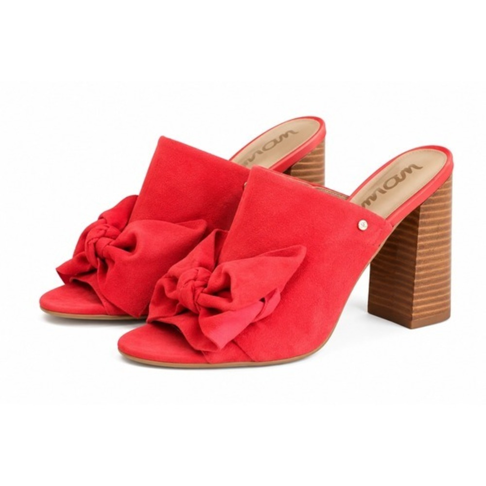 Sam Edelman Sz 7.5 Yumi Bow Mule Sandals Havana Red Suede‎ 4.5" Block Heel